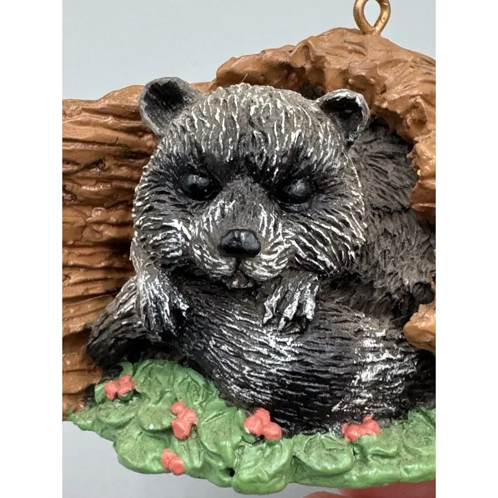 Vintage 1994 Sleeping Raccoon Log Resin Woodland Animal Ornament DCI 3” Long